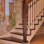 Лестница комбинированная с поворотом на 90 градусов, с забежными ступенями и балюстрадой из массива бука, г. Гатчина